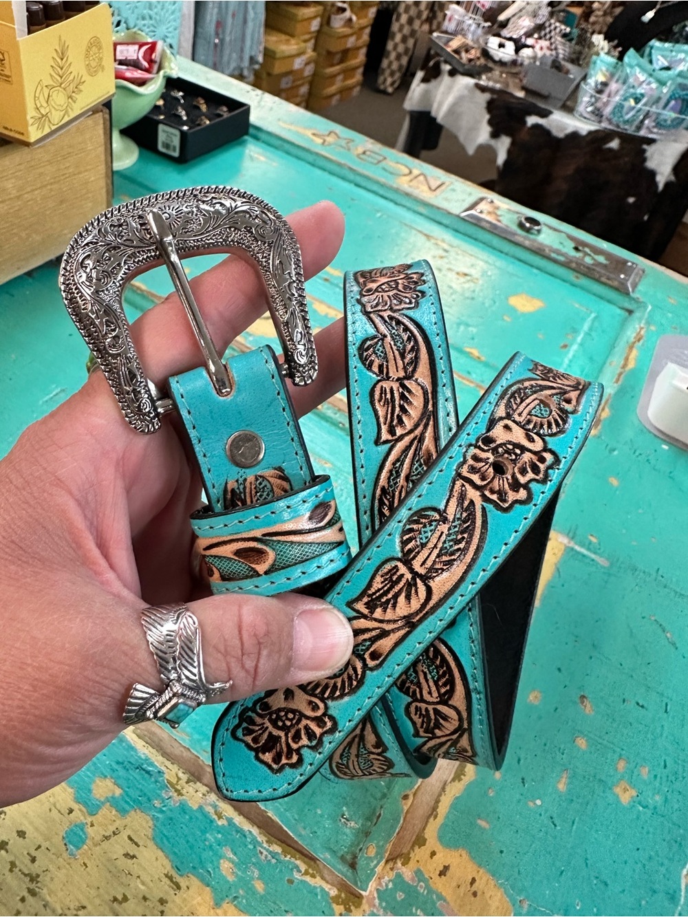 Myra Bag Turquoise Tooled Leather Belt with Ornate Silver Buckle